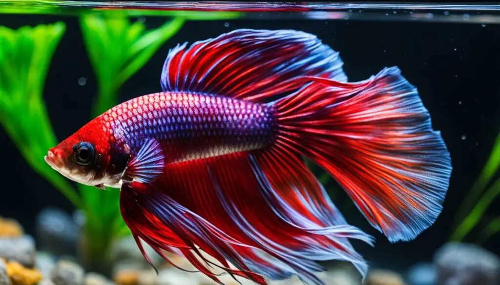 betta fish swimming in a tank with mineral balls