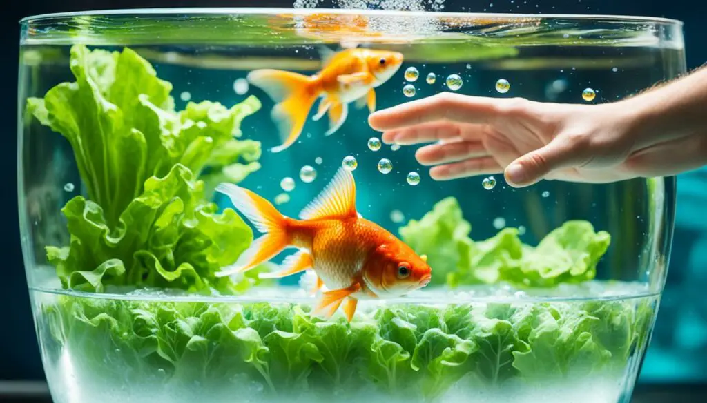 feeding lettuce to goldfish in tank